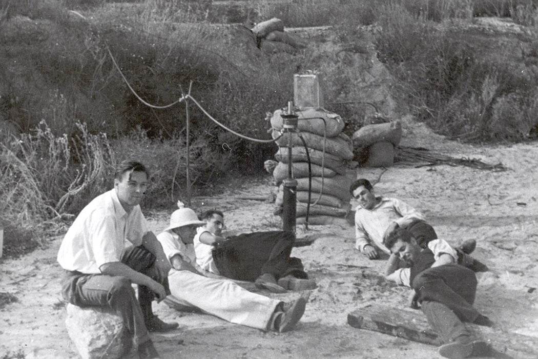 Seated left to right: Rudolph Schott, Apollo Milton Olin Smith, Frank Malina (white shirt, dark pants), Ed Forman and Jack Parsons (right, foreground), in the Arroyo Seco,1936