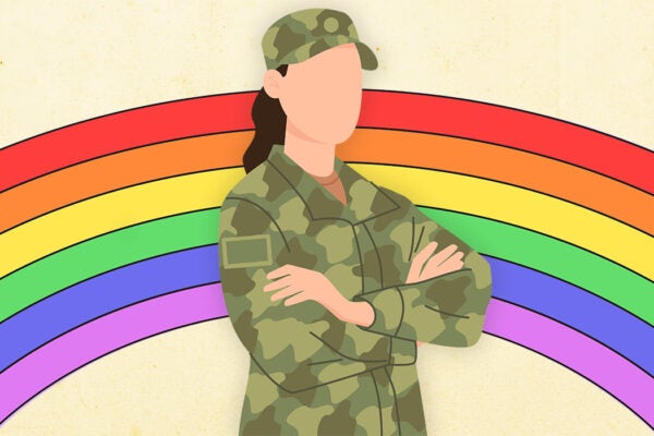 Woman in military clothes on a background of rainbow