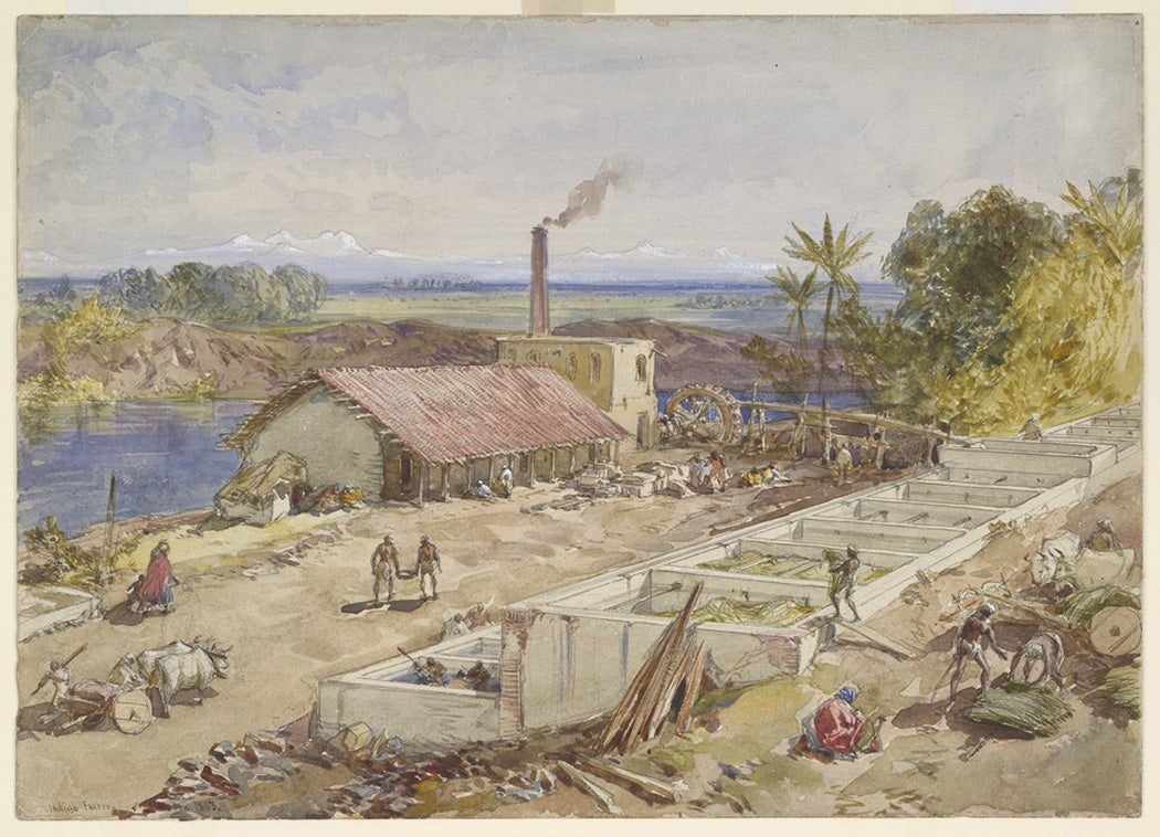 Indigo factory in Bengal. Chromolithograph from William Simpson's India: Ancient and Modern (1867). Bengal was the world's largest producer of Indigo in the 19th century, via Wikimedia Commons