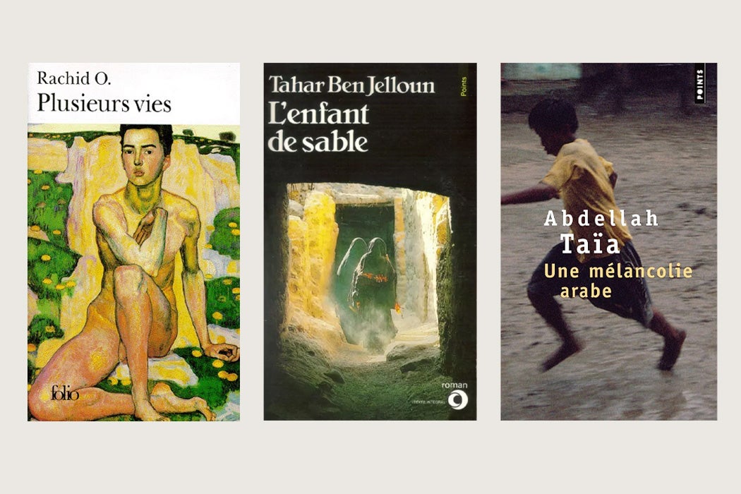 Covers for Plusieurs vies by Rachid O.; l’Enfant de sable by Tahar Ben Jelloun; and Une mélancolie arabe by Abdellah Taïa