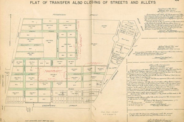 Map illustrating legal erasure of roads in Fort Reno Park in 1943, following the clearance of Reno, a neighborhood.