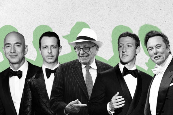 From left to right: Jeff Bezos, Jeremy Strong, Rupert Murdoch, Mark Zuckerberg, Elon Musk