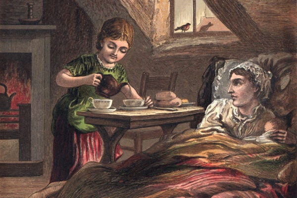 Vintage engraving of young girl pour her sick mother a cup of tea, 19th Century