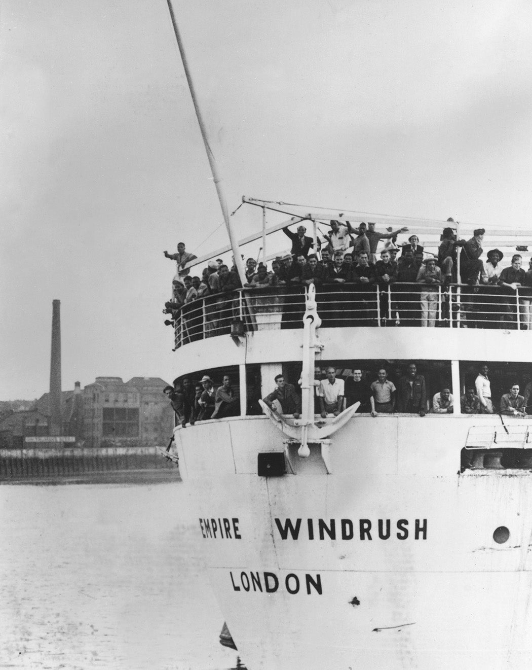 The ex-troopship 'Empire Windrush' arriving at Tilbury Docks from Jamaica, with 482 Jamaicans on board, emigrating to Britain, June 22, 1948
