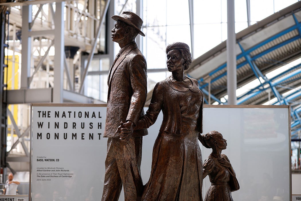 A general view of the National Windrush Monument at Waterloo Station on June 22, 2022 in London, England.