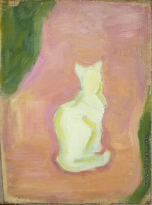 Painting of a white cat on a pink background with green on the sides