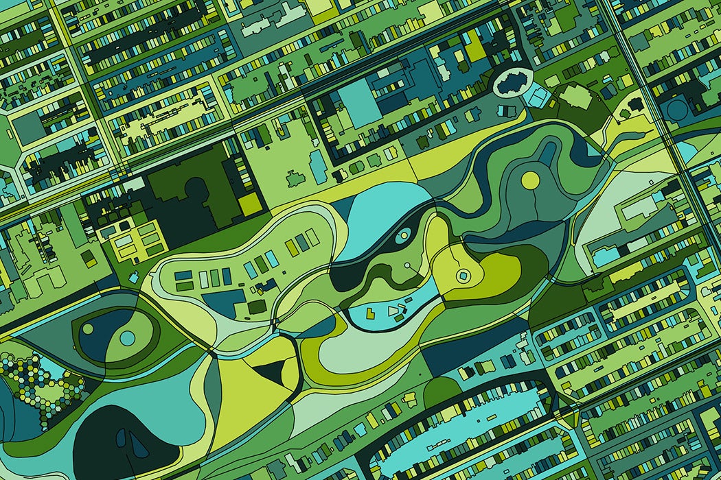 Illustration of a city with lots of green space as seen from above