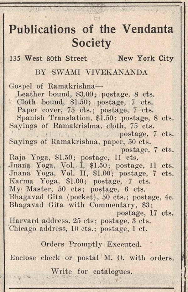 An advertisement for publications of the Vedanta Society rom the April & July 1914 issue of The Hindusthanee Student, 1914