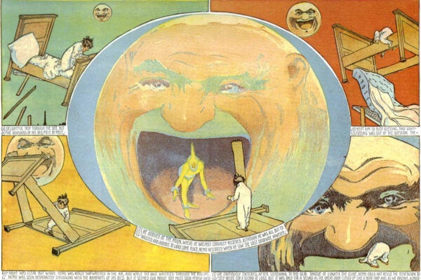 An illustration from Winsor McCay's comic strip consisting of 5 panels, featuring a large moon and a little boy.