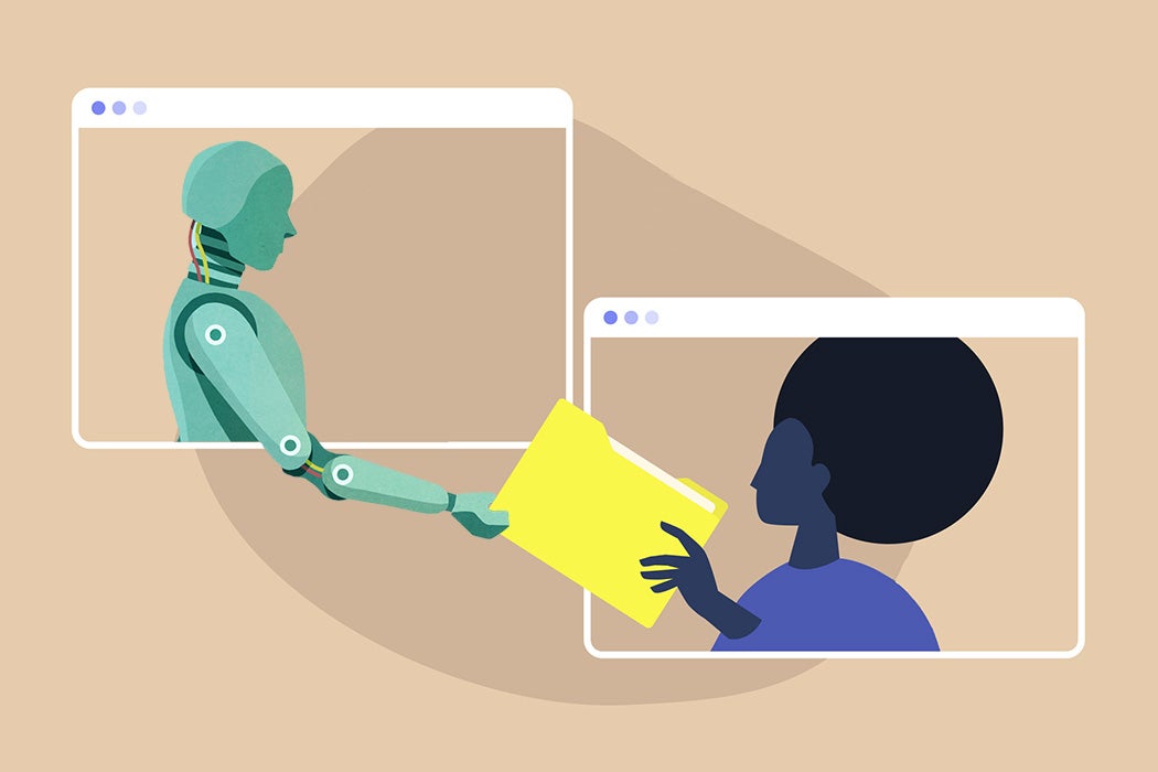 A robot handing a file folder to a woman
