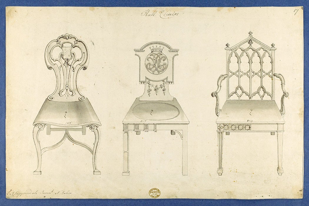 A drawing of three chairs by Thomas Chippendale