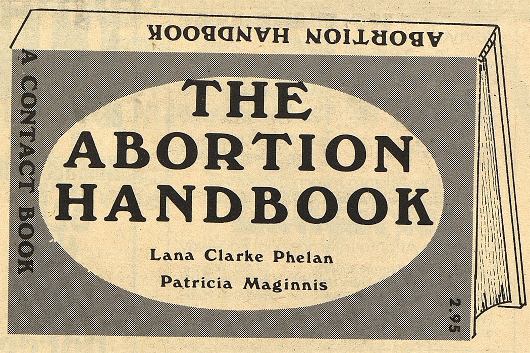 A black and white newspaper advertisement titled The Abortion Handbook. Lana Clarke Phelan and Patricia Maginnis are names listed below the title.