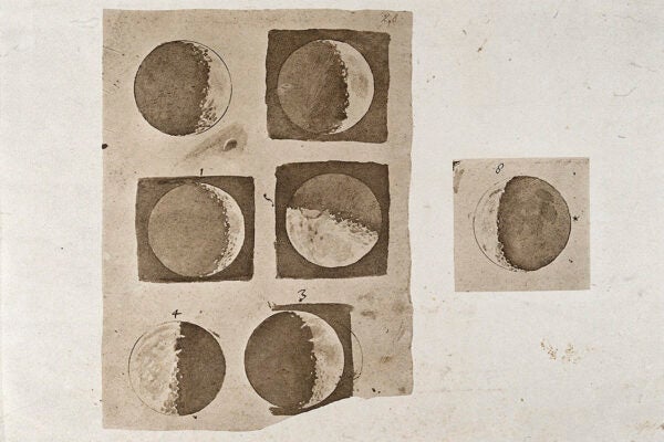 Five diagrams of the surface of the moon, during its phases. Aquatint after Galileo Galilei