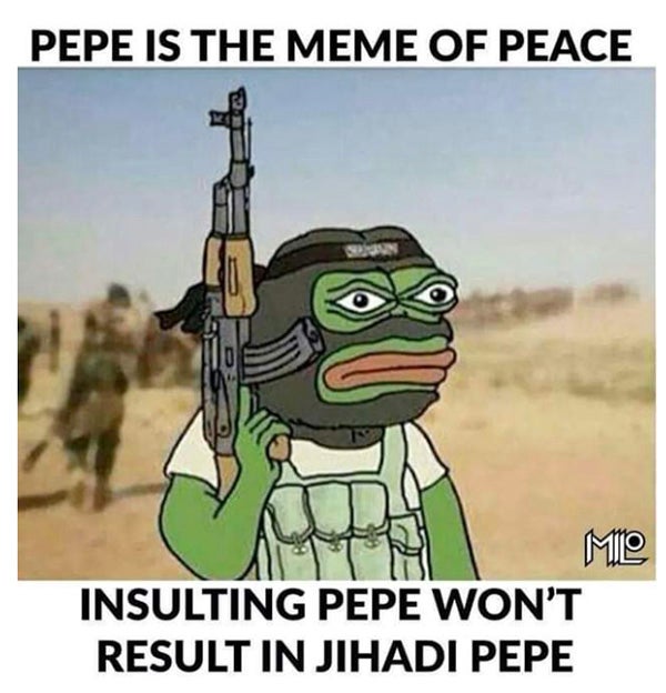 A Pepe meme featuring the text "Pepe is the meme of peace. Insulting Pepe won't result in Jihadi Pepe"