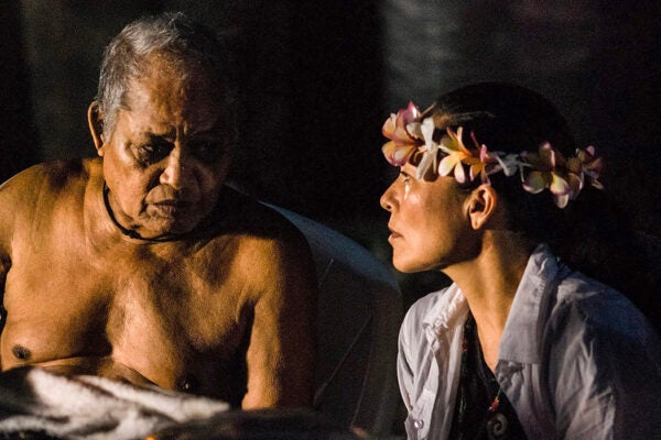 Elizabeth Kapuʻuwailani Lindsey with her mentor, navigator-priest Pius "Mau" Piailug. Photo by Nick Kato