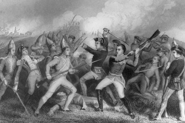Soldiers fighting in the Battle of Bennington during the American War of Independence