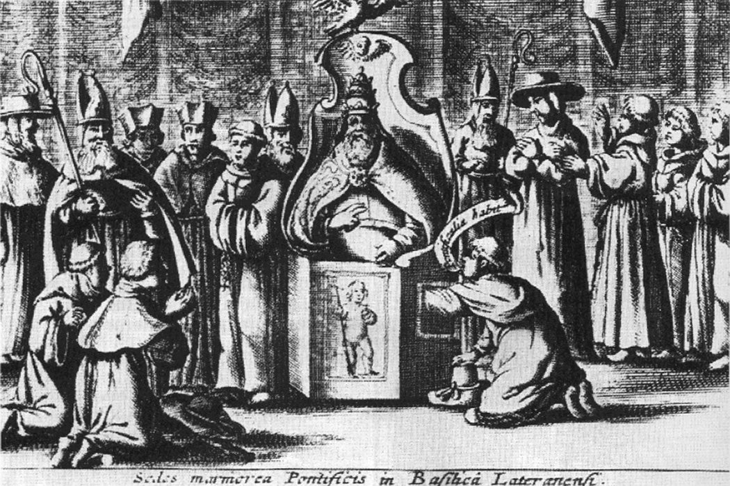 Illustration accompanying an account by Lawrence Banck of the 1644 coronation of Pope Innocent X. The pope is having his testicles felt by a cardinal in order to confirm that he is a man.