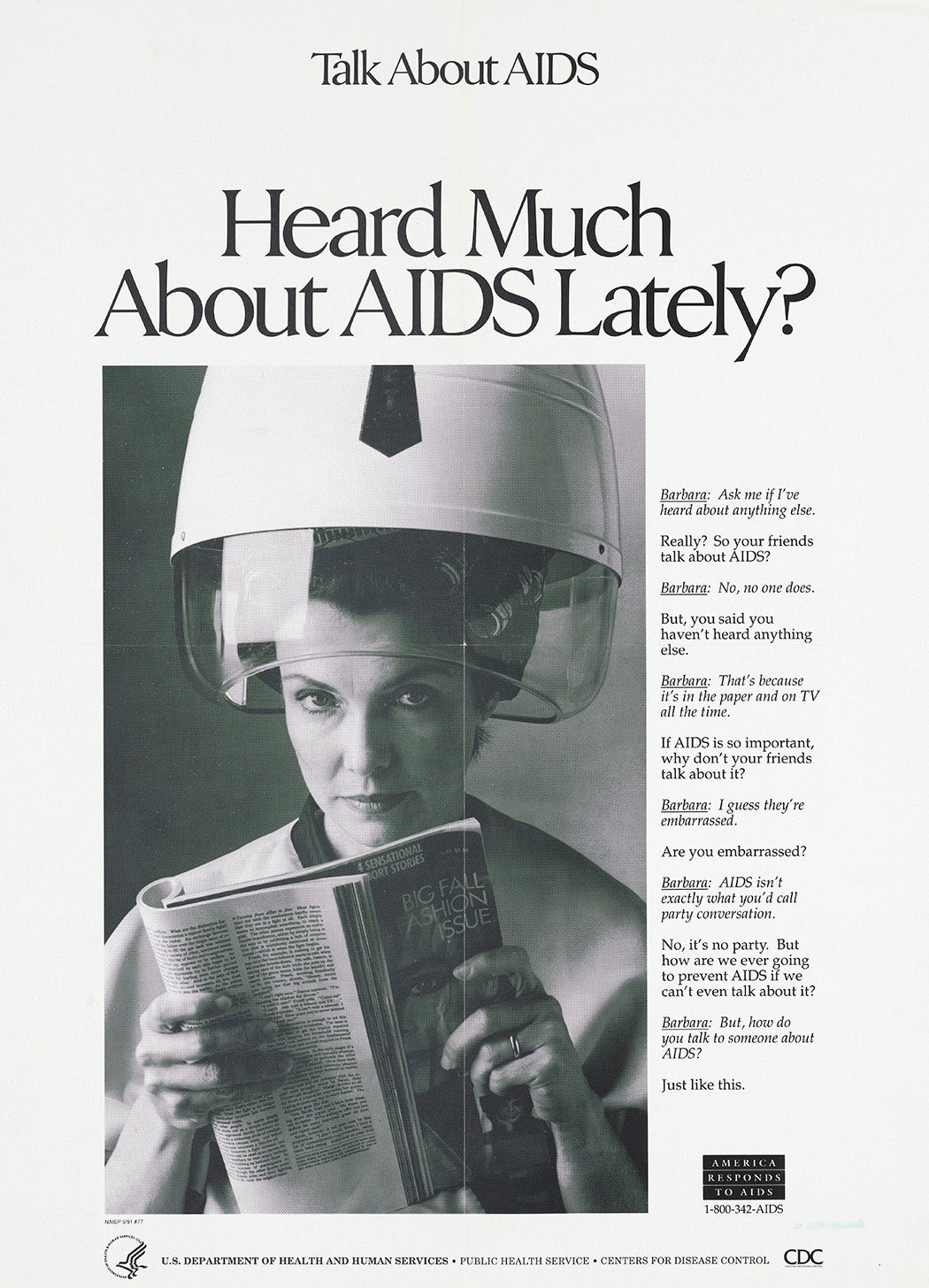 A woman holds a magazine with her hair in rollers under a hair dryer. The poster says, Heard Much about AIDs lately?
