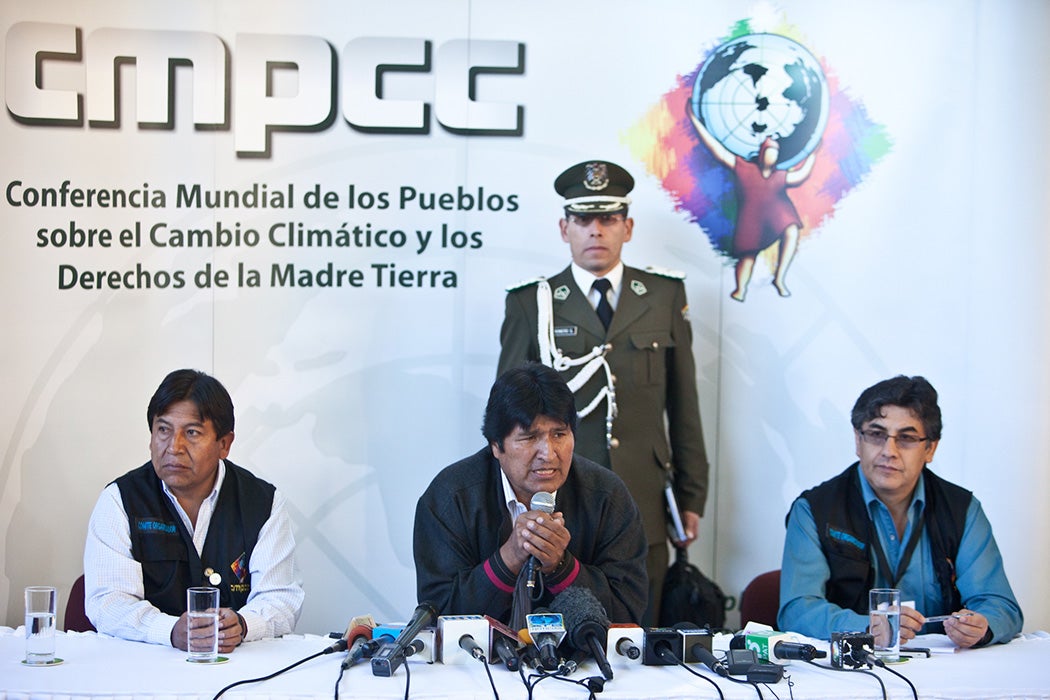 Evo Morales speaking at a press conference at the World People's Conference on Climate Change and the Rights of Mother Earth, Cochabamba, Bolivia, 2010