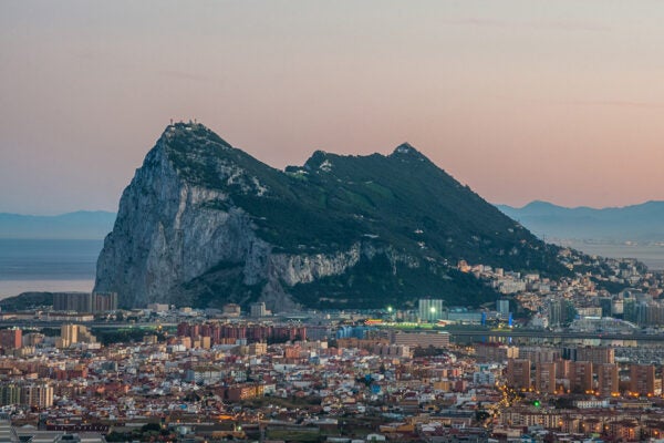 View of the Rock of Gibraltar as seen from the Sierra Carbonera Mountains of Cadiz, Spain