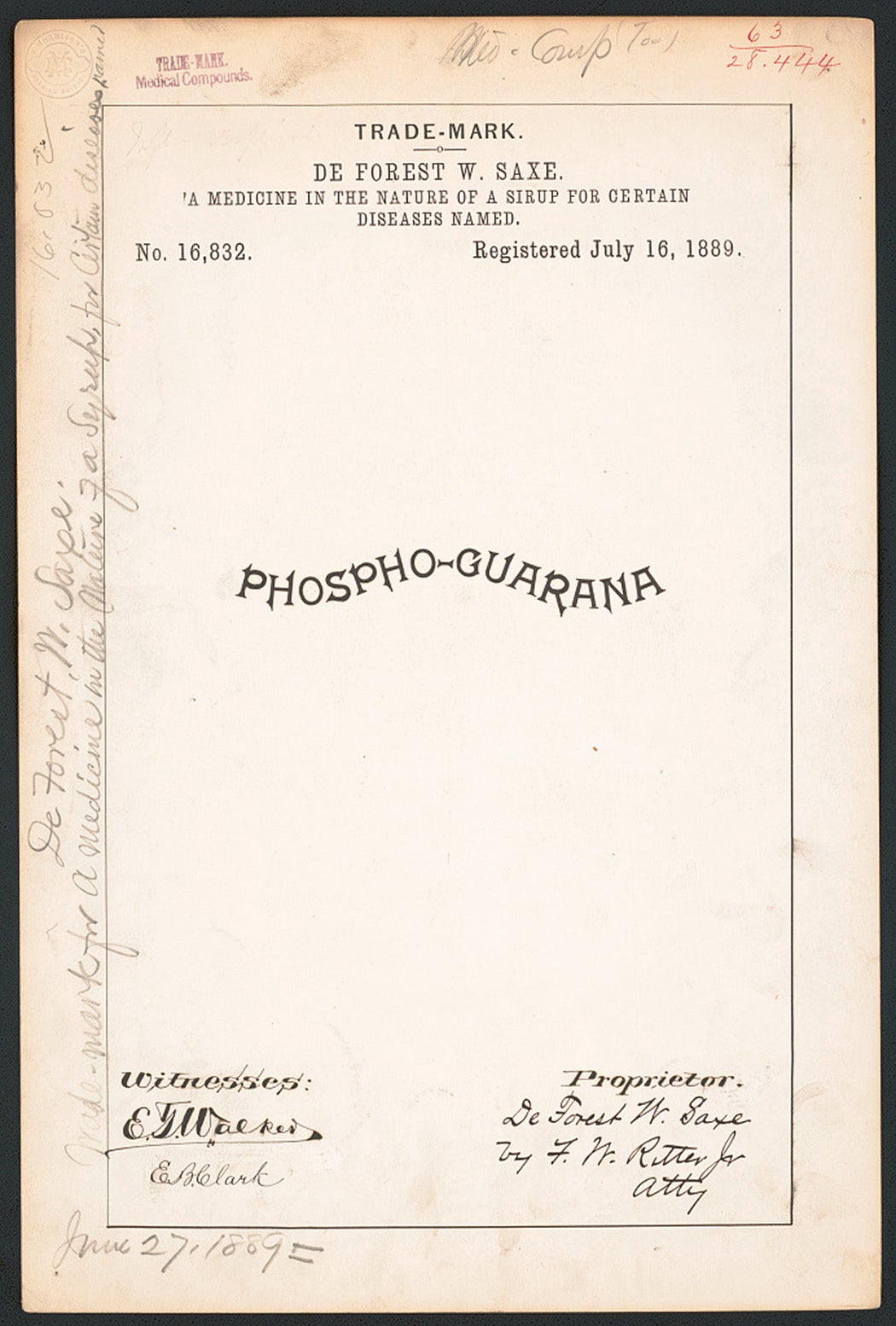 Trademark registration by De Forest W. Saxe for Phospho-Guarana, “A Medicine in the Nature of a Sirup for Certain Diseases Named,” Omaha, NE, 1889. Via The Library of Congress.