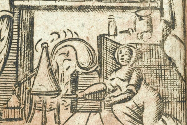 An illustration of a woman distilling, 1691