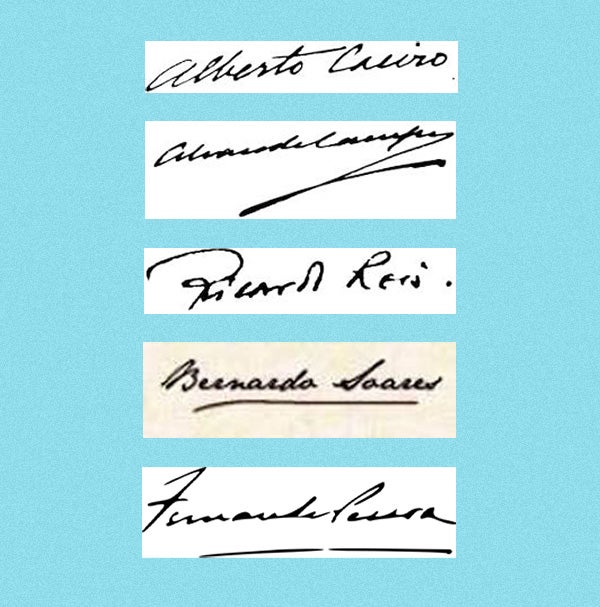 Signatures for four of Pessoa's heteronyms: Alberto Caeiro, Alvaro de Campos, Ricardo Reis, Bernardo Soares, and Pessoa's own signature via Wikimedia Commons
