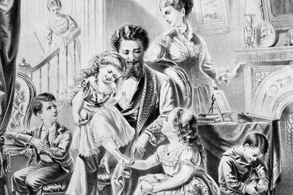 Illustration from 19th century of a family in the living room