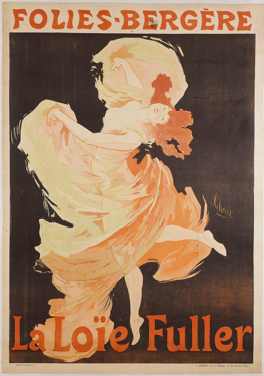 A poster by Jules Chéret advertising a show by Loie Fuller in Paris, 1893. The poster depicts Fuller performing her famous Serpentine Dance