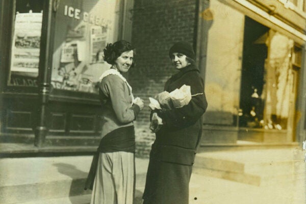 Two women in front of Imig's Ice Cream Shop on Ellinwood Street, Des Plaines, Illinois, 1915