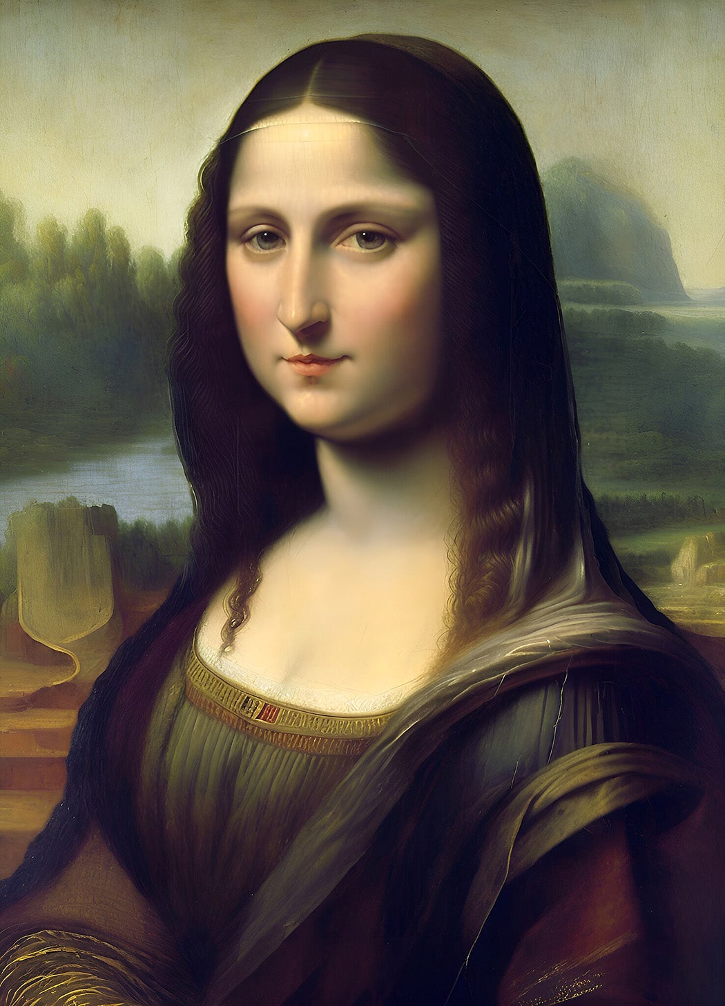 A rendition of the Mona Lisa by Midjourney AI. Created with the prompt "Oil painting of the Mona Lisa by Leonardo DaVinci".