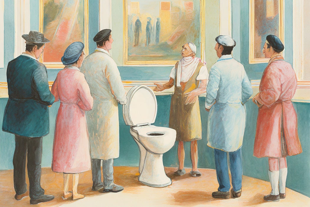 An AI image generated using Adobe Firefly, depicting a painting of a group of 6 people gathered around a toilet in a gallery