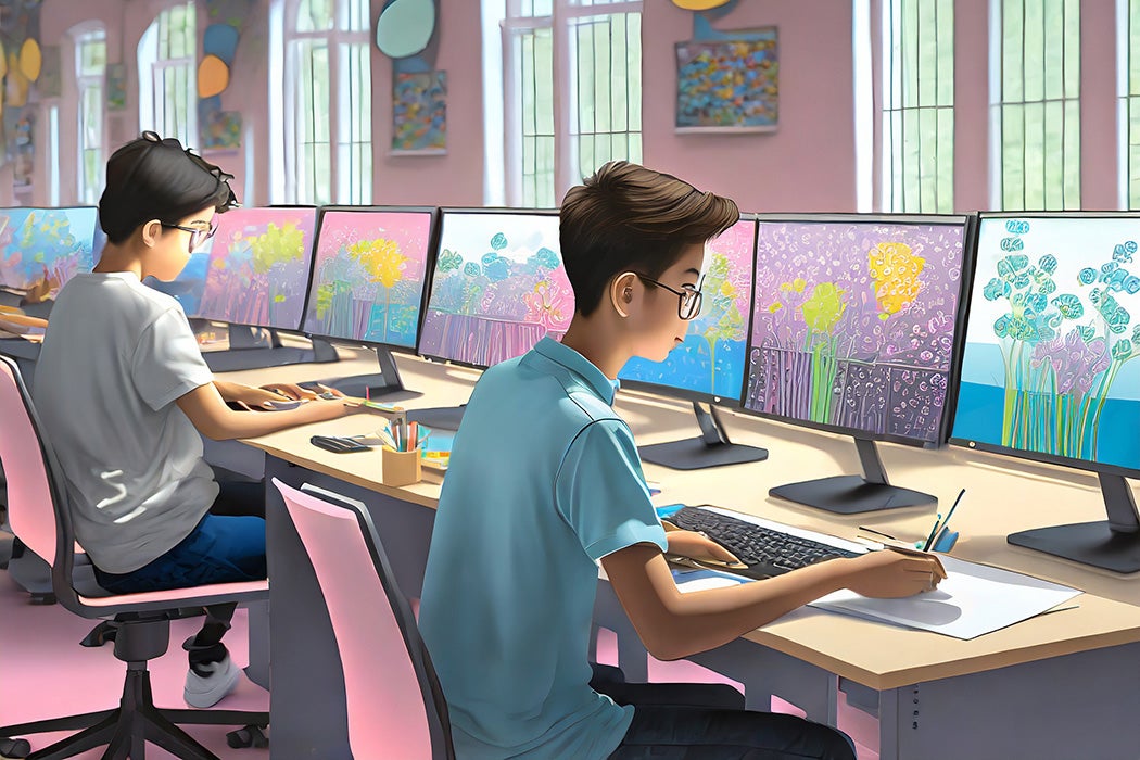 An image created with Adobe Firefly using the prompt, "a room full of students creating art on computers"