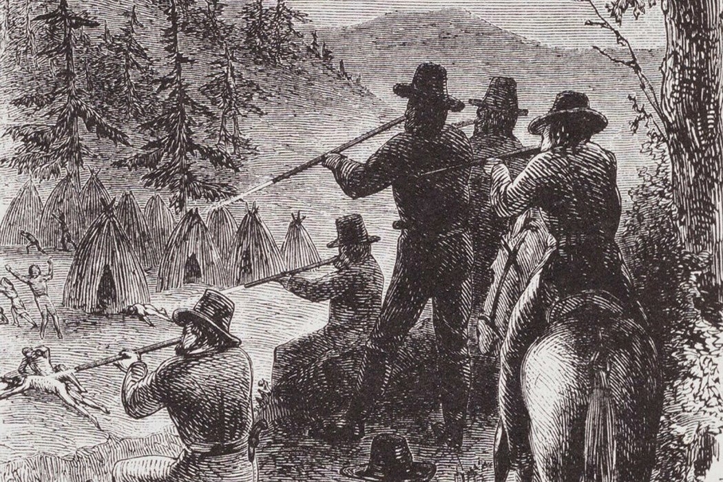 An illustration titled “Protecting The Settlers" by JR Browne for his work "The Indians Of California,” 1864