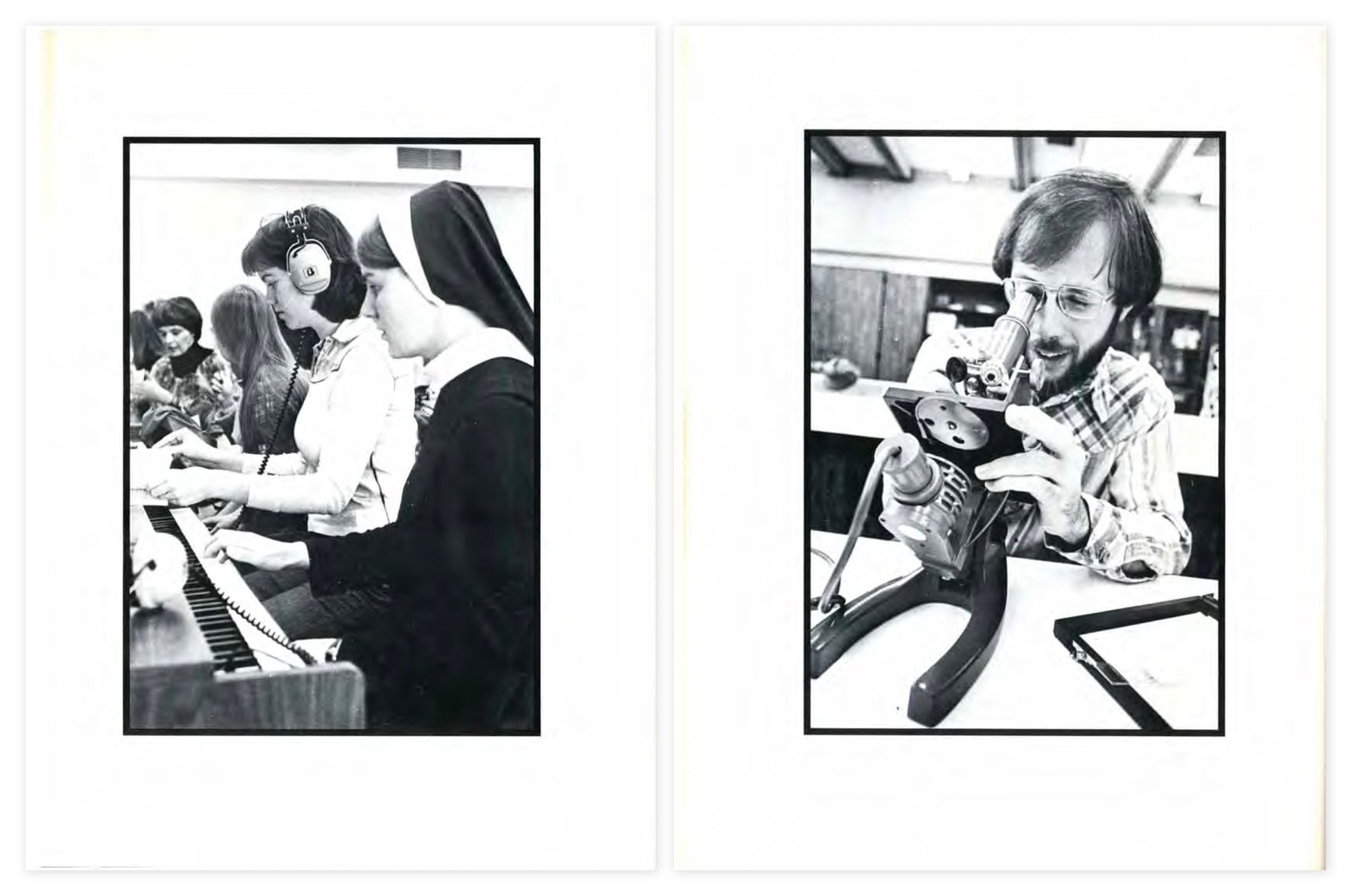 Two photographs: A nun sitting next to a woman with headphones, both playing an organ; A man looking through a microscope. 
