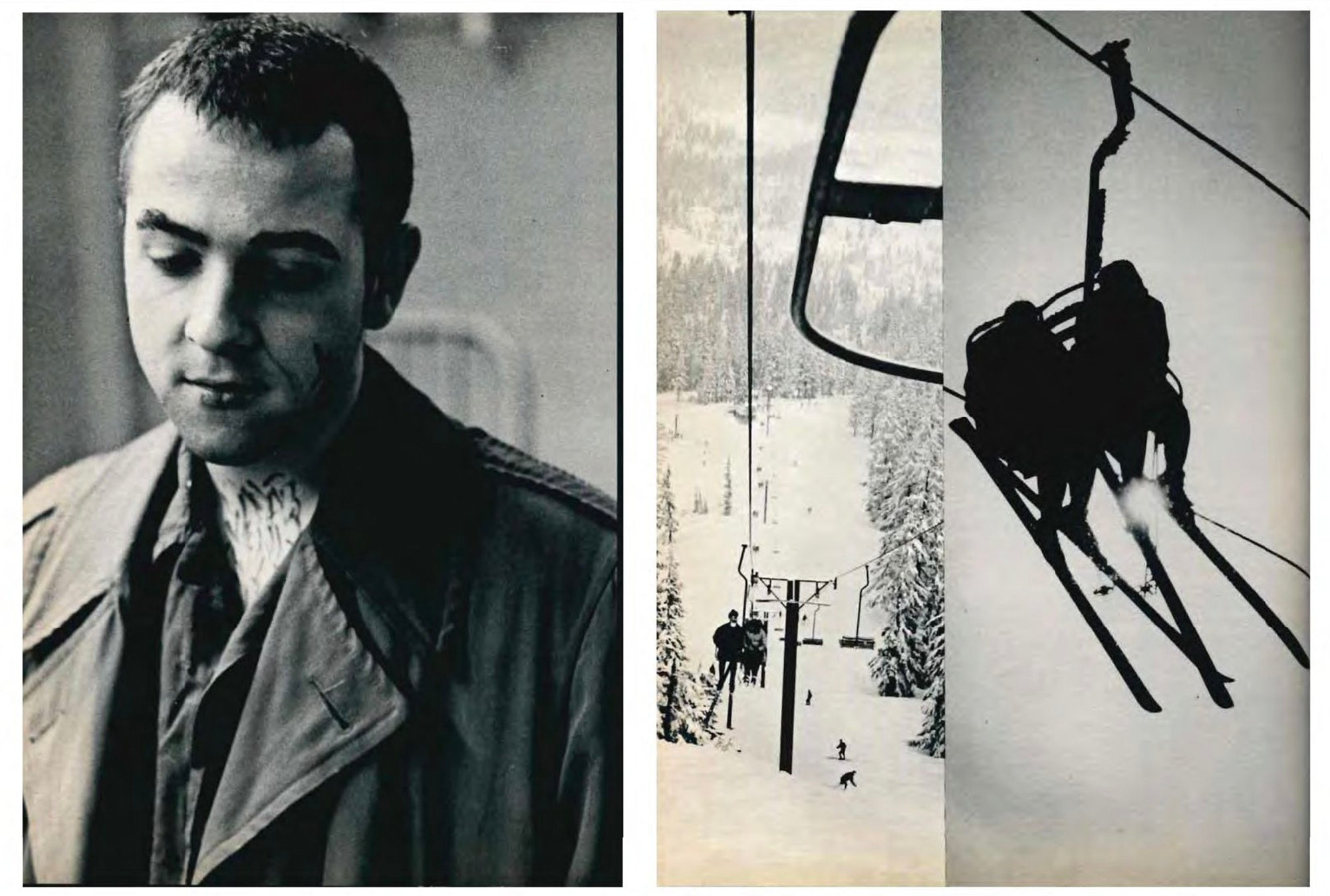 Two images side by side. On the left is a portrait of a man wearing a jacket looking downward. On the right is a collage of two images of a ski lift in the winter.