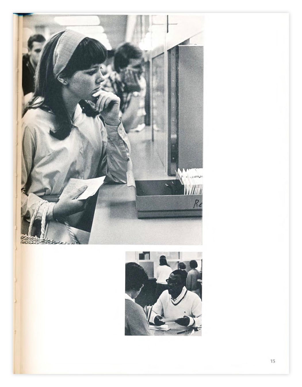 A yearbook page with two images on it. The larger image, above, is of a young woman looking at the screen of a microfilm viewer. The smaller image is of a man speaking at a table in a library. 