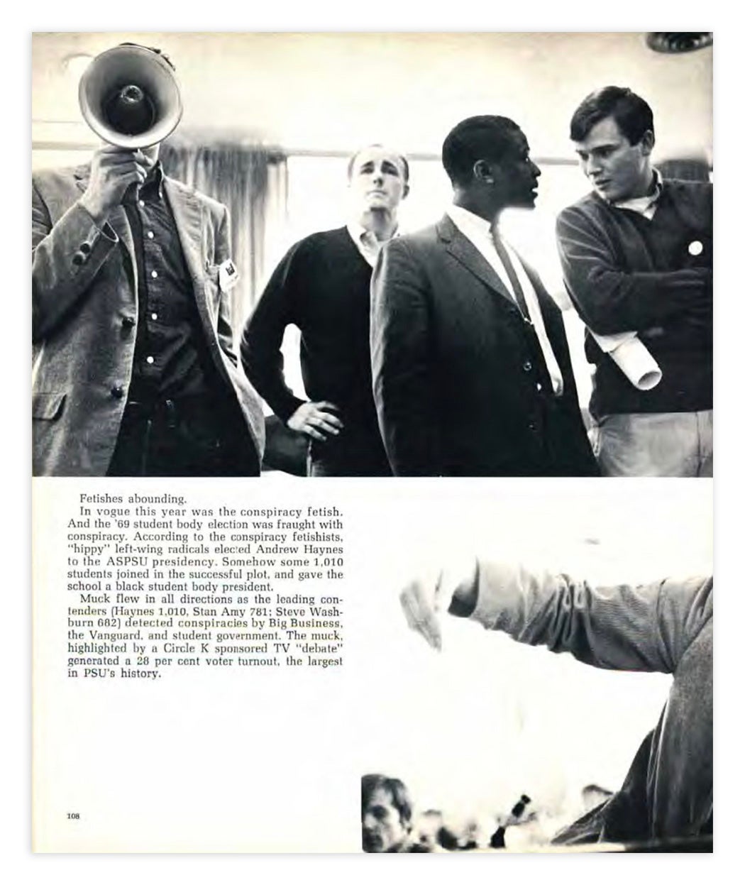 A page of a yearbook that includes an image of the Black student body president. 