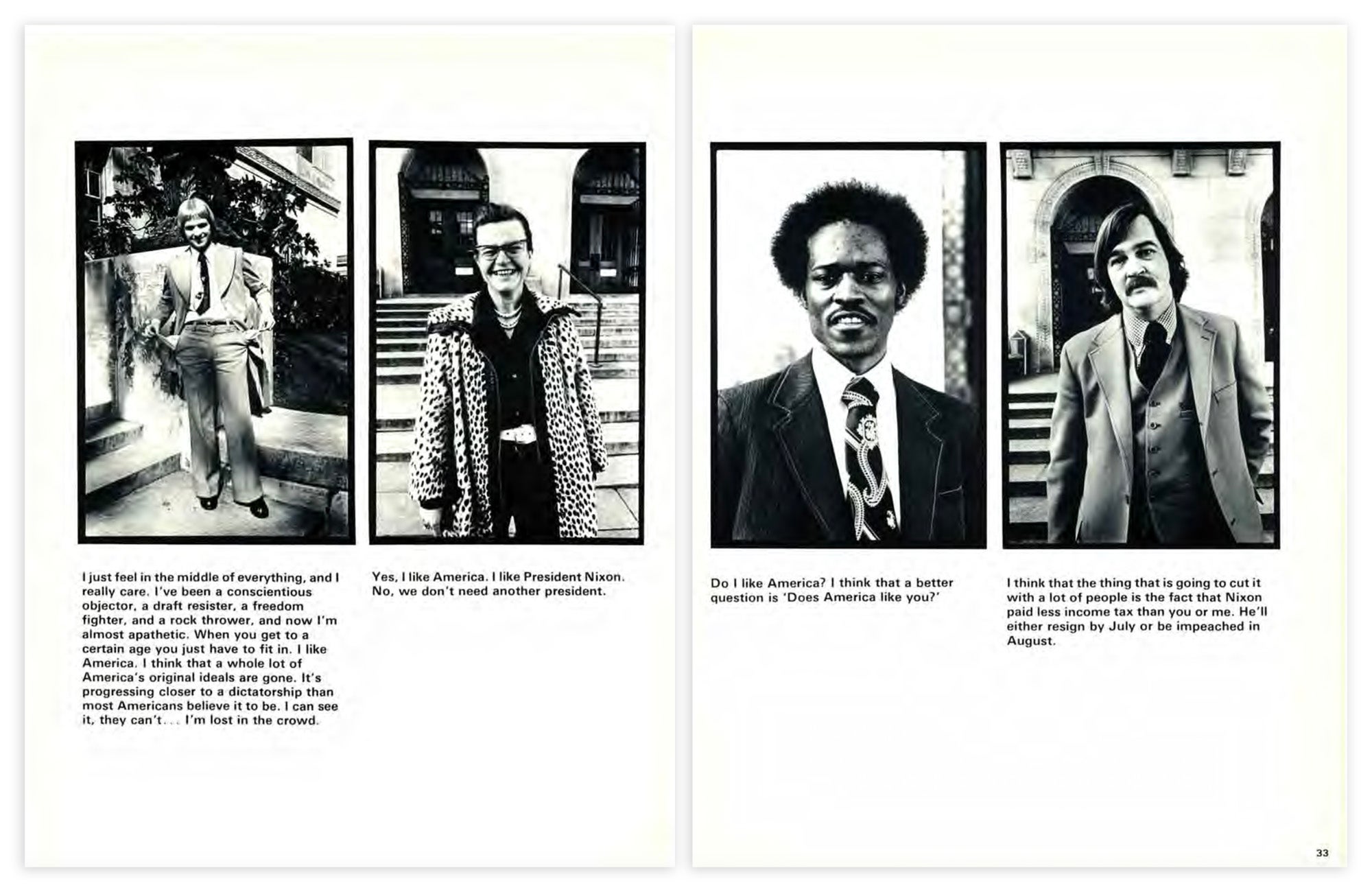 Two yearbook pages that include four photographs of people on the street responding to questions from an interviewer.