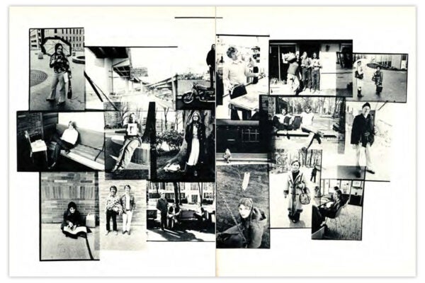 A spread from a yearbook featuring a collage of black and white photographs of students around campus and Portland