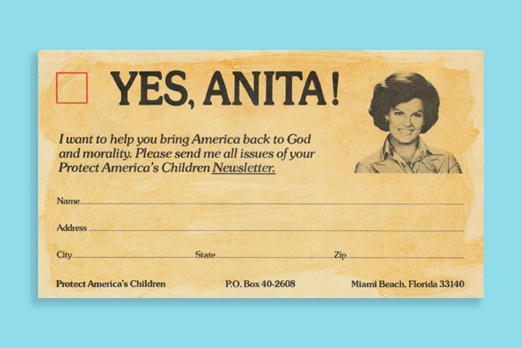 Fundraising card used by Anita Bryant to support Save Our Children