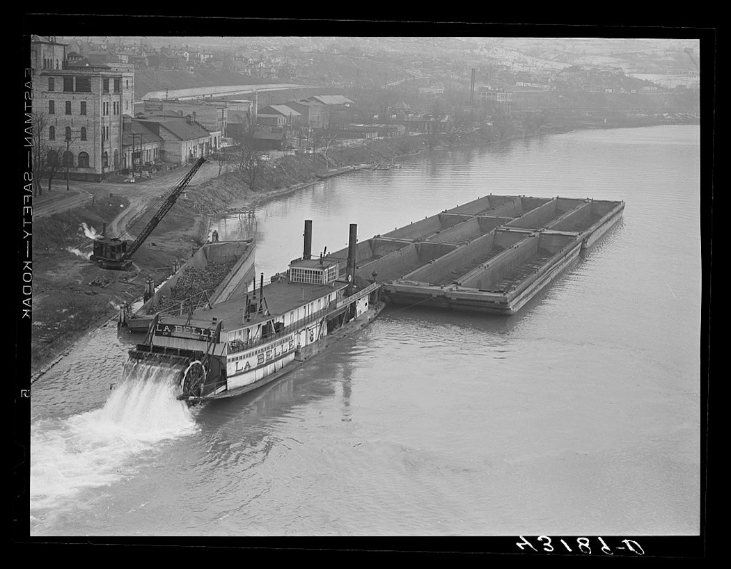 Coal barge La Belle on the Ohio River at Rochester, Pennsylvania, 1940