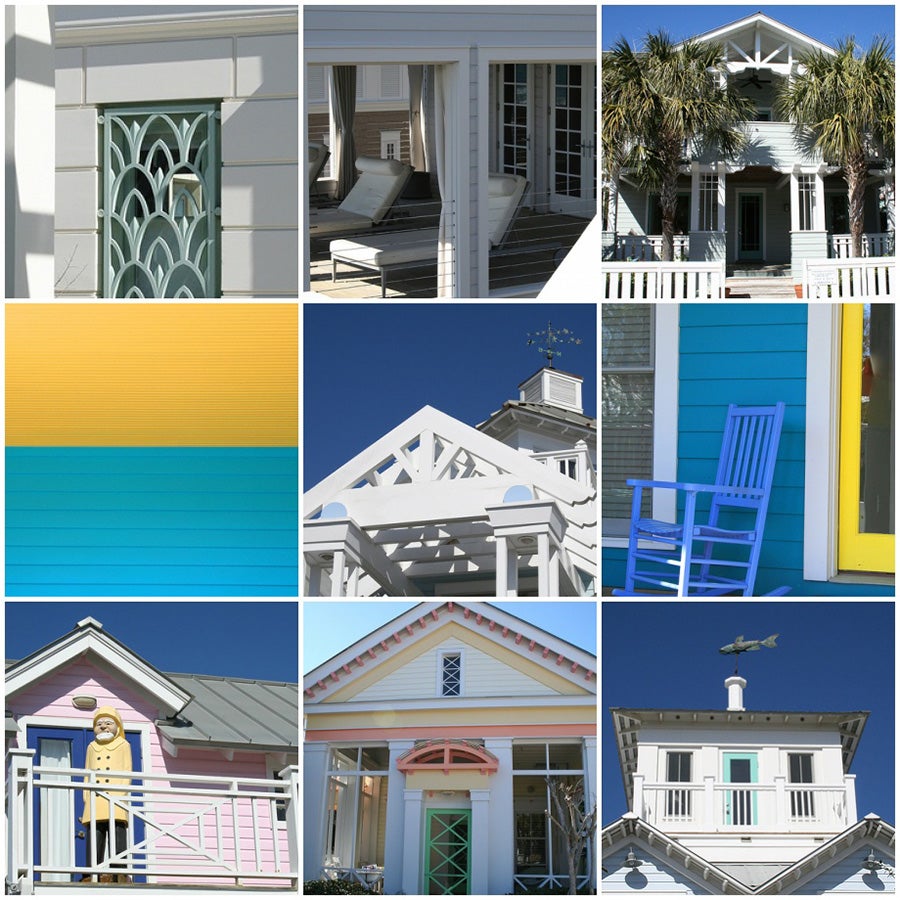 A composition of images showing architectural features from Seaside, Florida