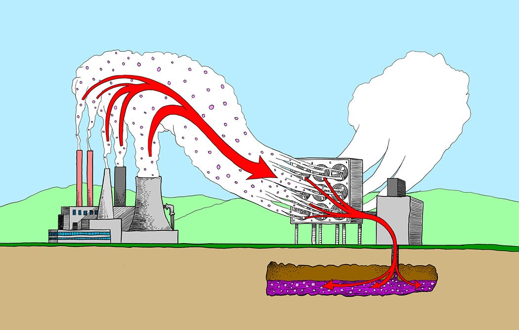 Illustration of carbon capture technology which uses filter technology to remove the green house gas carbon dioxide from the atmosphere and store it underground.