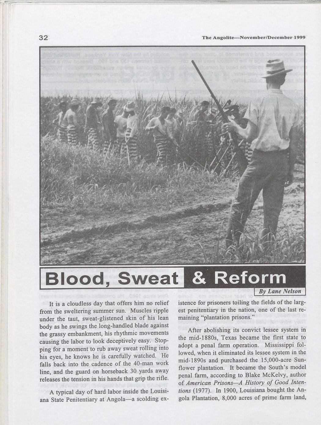 A page from The Angolite that features a photograph of a prison guard holding a shotgun while watching prisoners work in a field. The title of the article on the page is "Blood, Sweat & Reform."