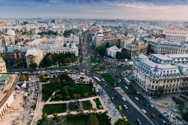 Aerial view of University Square (Piata Universitatii), Bucharest, Romania