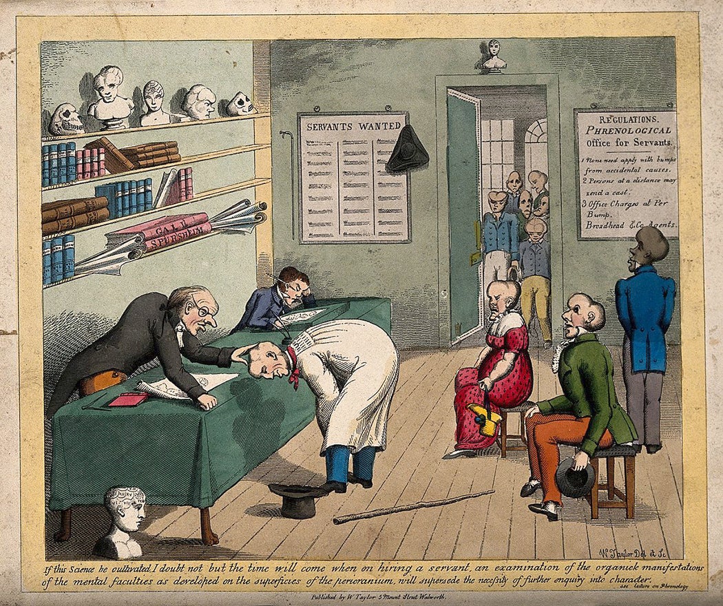 A servants' employment agency where prospective employees are having their heads phrenologically examined as to their suitabililty, 1776
