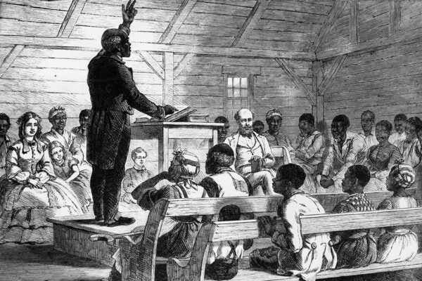 A black preacher addressing his mixed congregation on a plantation