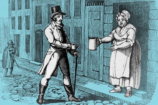 A woman proffers a jug of ale to a man in the street from her 'house of shame', in an allegorical 19th century woodcut.