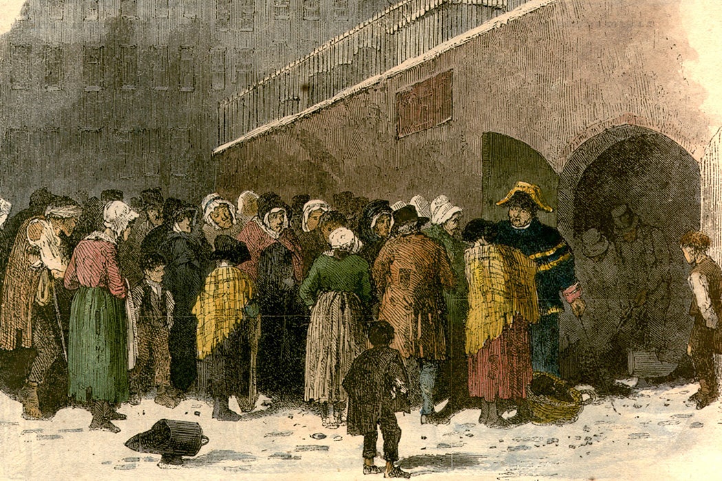 Distribution of coal to the poor at Christmas by the Parish Beadle, c. 1888